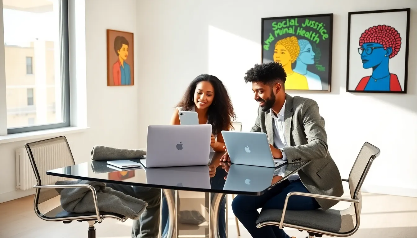 Diverse Gen Z professionals collaborating in a modern workspace.