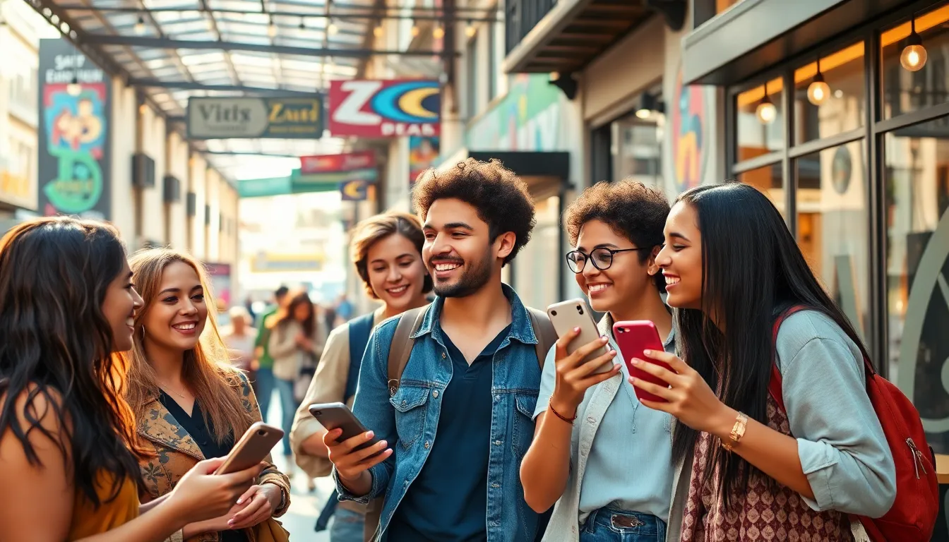 Group of diverse Gen Z travelers enjoying an urban adventure.