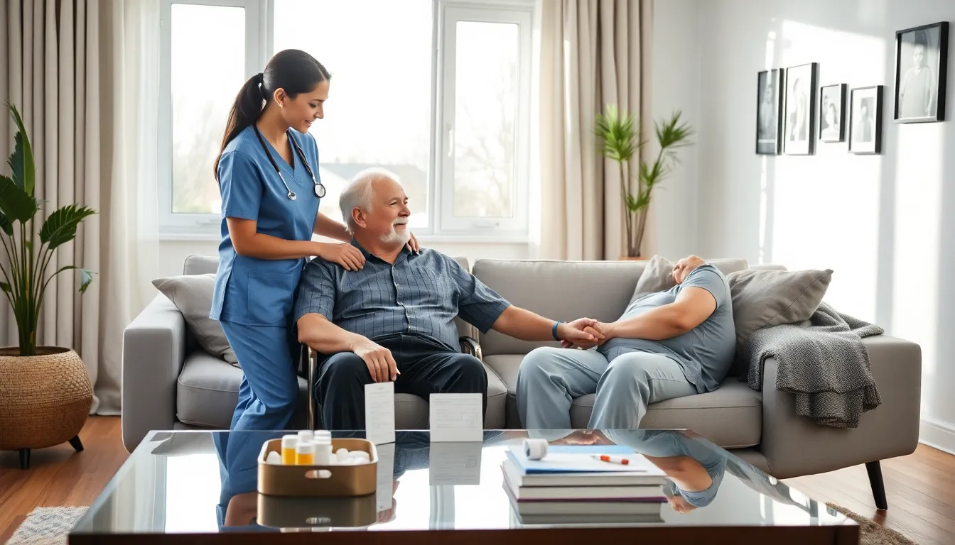 caregiver assisting elderly man in a modern living room.